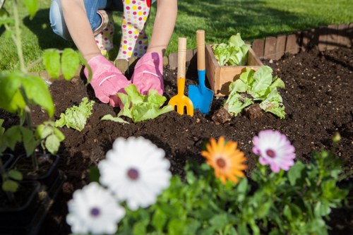 Close-up image showing garden maintenance detail and tools